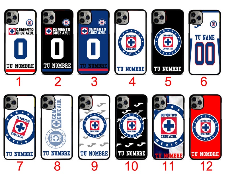 May include: A collection of twelve phone cases featuring the Cruz Azul soccer team's logo and colors. Each case displays the team's emblem, the words "CEMENTO CRUZ AZUL" or "DEPORTIVO CRUZ AZUL MEXICO", and the text "TU NOMBRE". The cases come in various colors, including white, black, blue, and red.