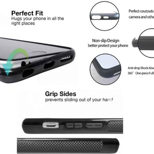 May include: Black phone case with a glossy finish. Features include a non-slip design, grip sides, and cutouts for speakers, camera, and ports. The case offers anti-drop shock absorption with a 360-degree full-edge design. Text on the image reads "Perfect Fit" and "Grip Sides".