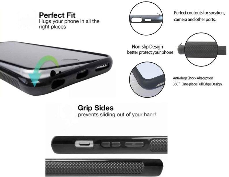 May include: Black phone case with a glossy finish. Features include a non-slip design, grip sides, and cutouts for speakers, camera, and ports. The case offers anti-drop shock absorption with a 360-degree full-edge design. Text on the image reads "Perfect Fit" and "Grip Sides".