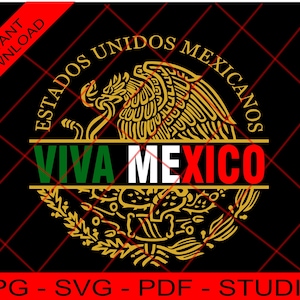 May include: A gold and black graphic design featuring the coat of arms of Mexico with the text "Estados Unidos Mexicanos" and "Viva Mexico".