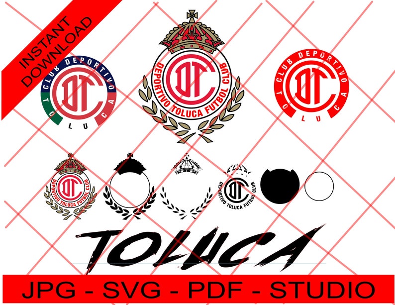 May include: A set of digital files for a red, white, and black logo for a soccer team. The logo features a crown, a circle with the letters "TC" inside, and the words "Club Deportivo Toluca Futbol Club". The text "TOLUCA" is written in a bold, black font.