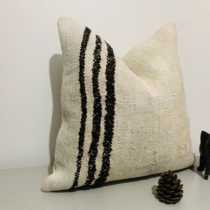 Off White Black Throw Pillow Cover 20x20 | Decorative Pillow for Couch, Vintage Kilim Pillow ⇻ Striped Hemp Cushion, Big Turkish Pillow Sham