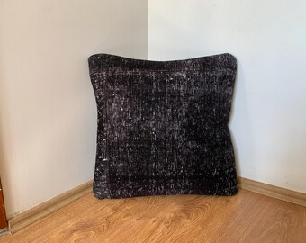 Turkish Rug Pillows 20x20 | Black Throw Pillow Cover, Vintage Carpet Kilim Pillow for Couch, Living Room Decor ⇻ Patchwork Cushion
