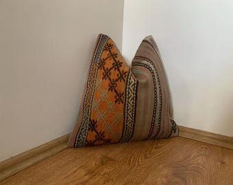 Kilim Pillow Cover 16x16, Vintage Turkish Throw Pillows Boho, Orange Pink, Handwoven Decorative Cushion