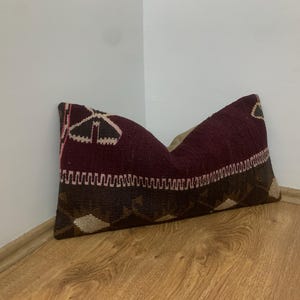 Geometric Throw Pillow 12x24, Rectangle Turkish Kilim Pillow Cover, Wool Vintage Cushion Green Dark Red