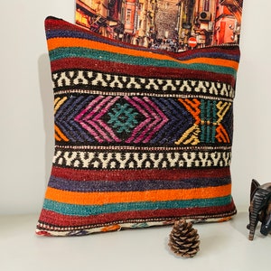 Wool Bohemian Throw Pillow Cover 20x20, Handmade Kilim Pillow, Turkish Pillow for Couch, Living Room Decor, Colorful Vintage Pillow Case