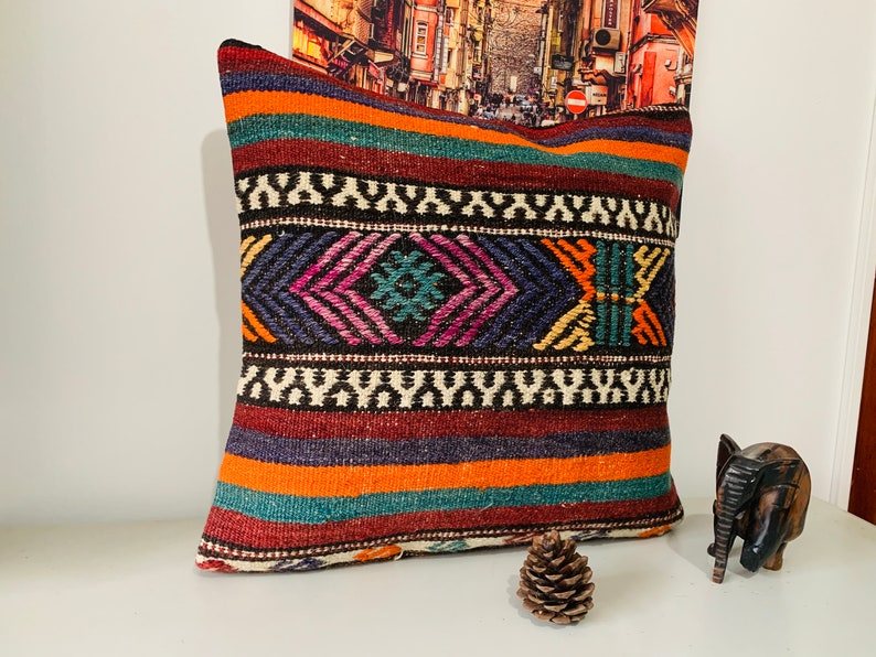Wool Bohemian Throw Pillow Cover 20x20, Handmade Kilim Pillow, Turkish Pillow for Couch, Living Room Decor, Colorful Vintage Pillow Case