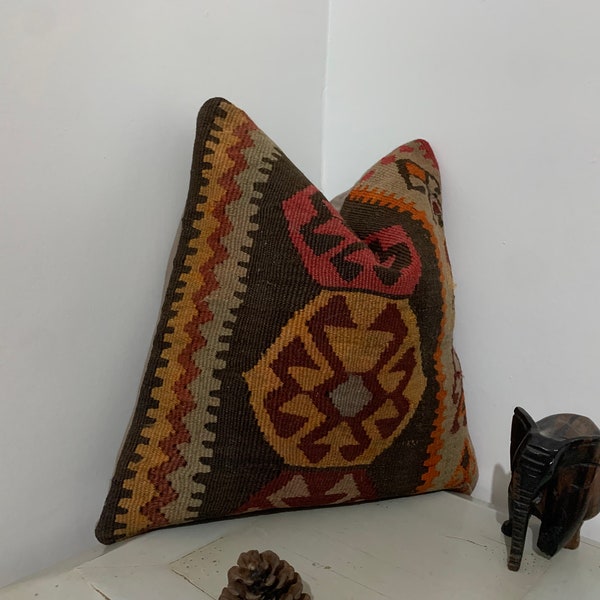 Southwest Throw Pillow Cover 18x18 | Large Couch Pillow, Carpet Kilim Pillow ⇻ Sofa Decor, Decorative Cushion ⇻Tribal Design, Turkish Pillow