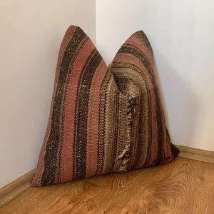 Brown Rust Striped Couch Throw Pillows 20x20, Vintage Wool Kilim Pillow Cover, Boho Decor
