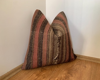 Brown Rust Striped Couch Throw Pillows 20x20, Vintage Wool Kilim Pillow Cover, Boho Decor