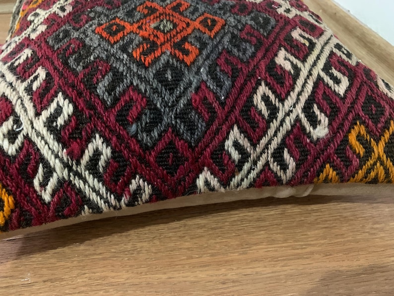 Red Kilim Pillow Cover 16x16 | Turkey Throw Pillowcase, Turkish Rug Cushion ⇻ Antique Pillows Sham, Bench Decor image 10