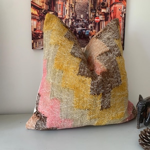 Pastel Turkish Pillow, Throw Pillowcase 20x20 | Vintage Kilim Pillow Cover, Large Cushion ⇻ Bohemian Decor, Anatolian Pillow ⇻ Carpet Pillow
