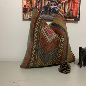 Bohemian Kilim Pillow Cover 16x16 -Office Decor -Antique Throw Pillow -Decorative Pillow -Textured Turkish Cushion -Embroidered Pillow Sham