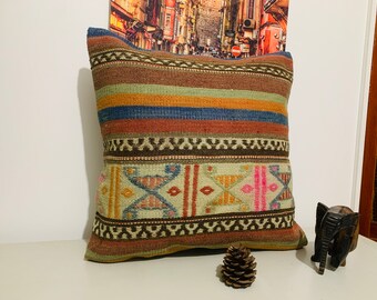 Funda de almohada turca de diseño de 20 x 20 cm - Cojín vintage - Cojín grande decorativo - Cojín cuadrado - Funda de almohada bohemia kilim - Decoración para sala de estar