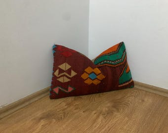 Funda de almohada Kilim estilo bohemio, cojines lumbares decorativos coloridos, funda de almohada de 12x20, cojín turco pequeño