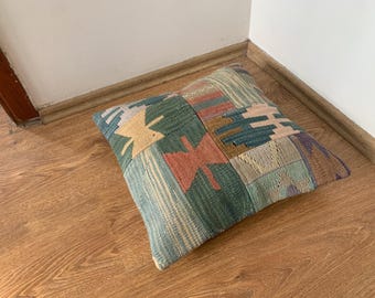 Blue Patchwork Throw Pillow Cover 16x16 -Chair Cushion -Turkish Kilim Pillow Case, Pastel Home Decor