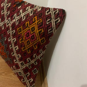 Red Kilim Pillow Cover 16x16 | Turkey Throw Pillowcase, Turkish Rug Cushion ⇻ Antique Pillows Sham, Bench Decor image 12