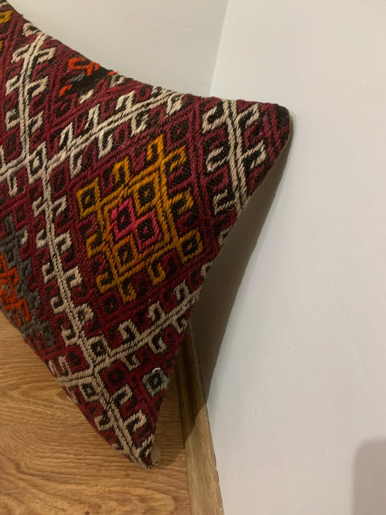 Red Kilim Pillow Cover 16x16 | Turkey Throw Pillowcase, Turkish Rug Cushion ⇻ Antique Pillows Sham, Bench Decor image 12