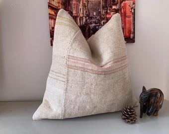 Hemp Kilim Pillow Cover 20x20 | Boho Pillow, Patchwork Cushion Cover ⇻ Turkish Throw Pillow Case, Living Room Decor ⇻Handmade Rug Pillow