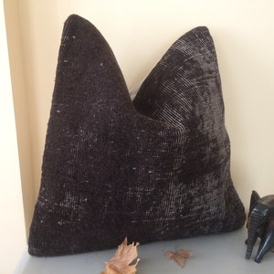 Black Throw Pillow Cover, Turkish Rug Pillow 16x16 | Handmade Kilim Pillow ⇻ Vintage Carpet Pillow, Office Decor ⇻ Floor Pillow Wool Cushion