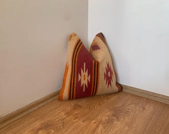 Funda de almohada Kilim color beige púrpura de 16x16 pulgadas - Decoración para sala de estar - Funda de cojín decorativa - Cojín cuadrado de lana turca