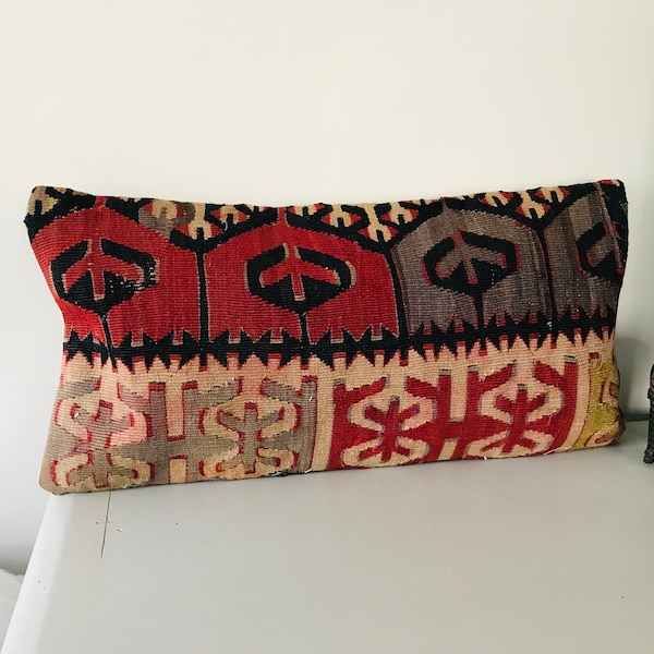 Lumbar Kilim Pillow Covers -12x24 inch -Multicolor Throw Pillow Covers -Wool Sofa Cushion -Bohemian Decor -Handmade Items -Couch Decorative