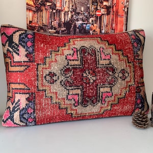 Turkish Pillows, Geometric Lumbar Pillow Cover 16x24 -Bohemian Throw Pillow Cover -Large Kilim Pillows -Floor Decor -Vintage Cushion Cover