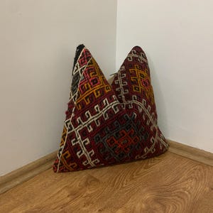 Red Kilim Pillow Cover 16x16 | Turkey Throw Pillowcase, Turkish Rug Cushion ⇻ Antique Pillows Sham, Bench Decor