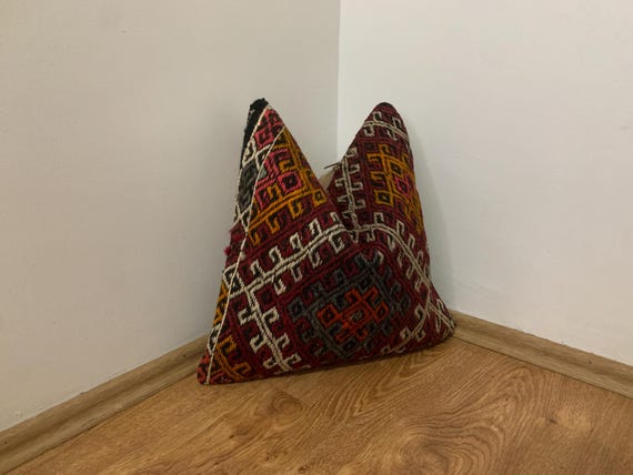 Red Kilim Pillow Cover 16x16 | Turkey Throw Pillowcase, Turkish Rug Cushion ⇻ Antique Pillows Sham, Bench Decor