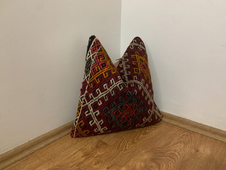 Red Kilim Pillow Cover 16x16 | Turkey Throw Pillowcase, Turkish Rug Cushion ⇻ Antique Pillows Sham, Bench Decor