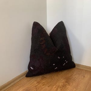 Vintage Rug Pillow 20x20: Mid-Century Modern, Black Throw Pillow Cover Cushion, Floral Turkish Kilim Pillow, Home Decor Gift
