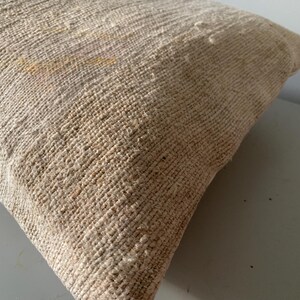 May include: A beige woven pillow with a textured surface. The pillow has a square shape and is made of a natural fiber material. The weave pattern is visible, creating a rustic aesthetic. The pillow is a decorative home accent.