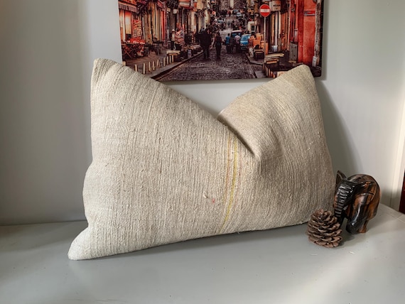 Boho Pillow Cover 16x24 -Turkish Kilim Pillow Lumbar -Farmhouse Decor -Hemp Pillow Case -Embroidered Throw Pillow Bed -Rectangle Cushions