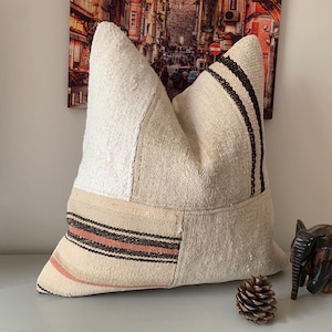 Patchwork Throw Pillow 20x20 -Kilim Pillow -Turkish Decor -Decorative Pillows -Mid Century Modern -Handwoven Hemp Pillow-Large Floor Cushion