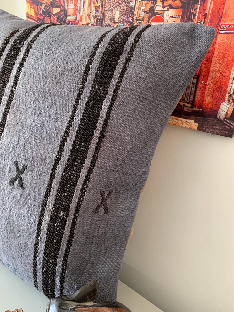 Indigo Black Vintage Kilim Pillow Cover 20x20 – Striped Rustic Throw Cushion, Turkish Decorations, Office Decor image 9