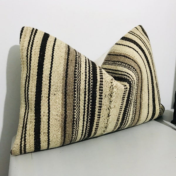 Natural Throw Pillow Cover 16x24 | Rust Kilim Pillow for Couch, Tan Brown ⇻ Farmhouse Lumbar Pillowcase, Large Turkish Cushion -Chair Pillow