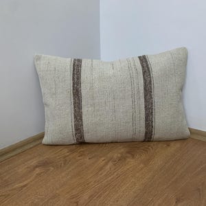 Vintage Lumbar Kilim Pillow Cover 16x24, Cream Brown Striped Pillows, Rustic Room Decor, Turkish Sofa Pillowcase