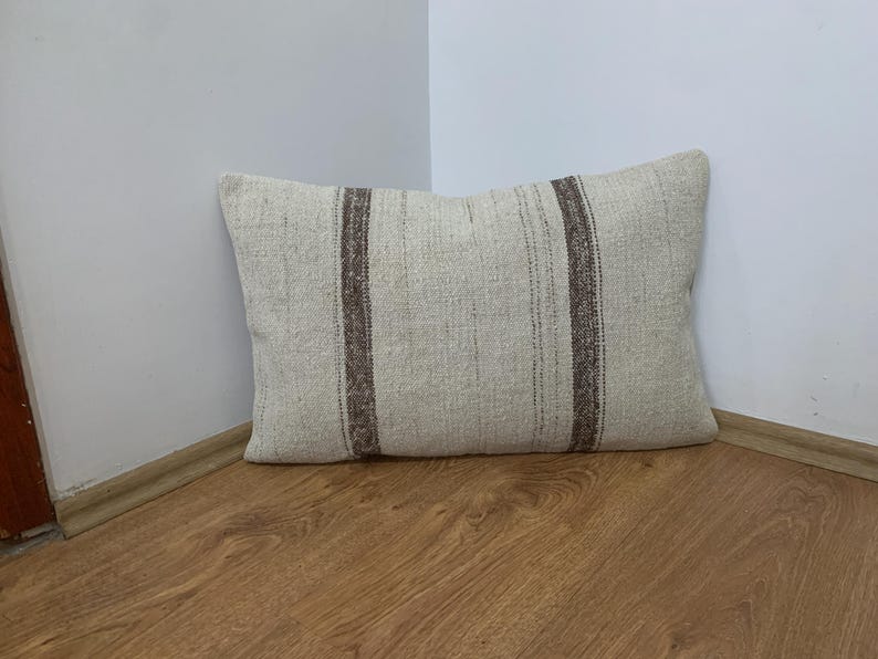 Vintage Lumbar Kilim Pillow Cover 16x24, Cream Brown Striped Pillows, Rustic Room Decor, Turkish Sofa Pillowcase