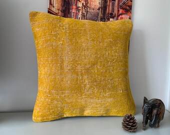 Cojín Kilim, cojín mostaza de 20 x 20, cojín vintage, funda de cojín Kilim turco, decoración minimalista, cojín de alfombra de lana, hecho a mano.
