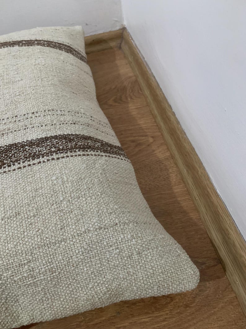 Vintage Lumbar Kilim Pillow Cover 16x24, Cream Brown Striped Pillows, Rustic Room Decor, Turkish Sofa Pillowcase image 7