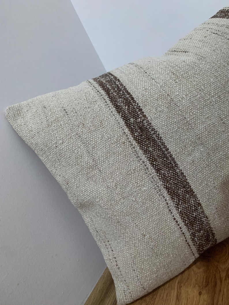 Vintage Lumbar Kilim Pillow Cover 16x24, Cream Brown Striped Pillows, Rustic Room Decor, Turkish Sofa Pillowcase image 11