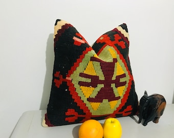 Vintage Kilim Pillow Cover 18x18 – Black & Orange Turkish Rug Cushion