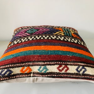 Wool Bohemian Throw Pillow Cover 20x20, Handmade Kilim Pillow, Turkish Pillow for Couch, Living Room Decor, Colorful Vintage Pillow Case
