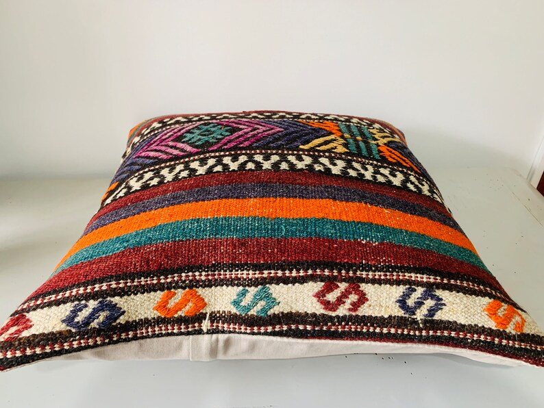 Wool Bohemian Throw Pillow Cover 20x20, Handmade Kilim Pillow, Turkish Pillow for Couch, Living Room Decor, Colorful Vintage Pillow Case