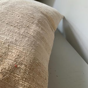 May include: A beige woven pillow with a textured surface. The pillow has a rectangular shape and appears to be made of a natural fiber. The pillow is placed against a white wall.