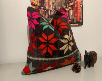 Funda de cojín cuadrada Kilim floral 20x20 – Cojín turco de lana