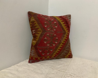 Vintage Pillow 16x16 Red Kilim Pillow Case -Couch Design -Living Room Decor -Small Throw Pillow Cover -Turkish Pillow Cover -Ethnic Pillow