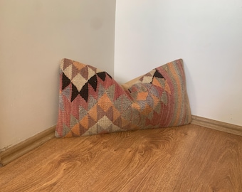 12x24 Pillow Cover, Turkish Lumbar Pillows -Boho Bench Cushion -Hand Woven Kilim Throw Pillowcase -Pastel Pink Brown