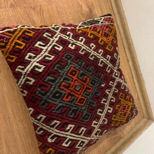 Red Kilim Pillow Cover 16x16 | Turkey Throw Pillowcase, Turkish Rug Cushion ⇻ Antique Pillows Sham, Bench Decor