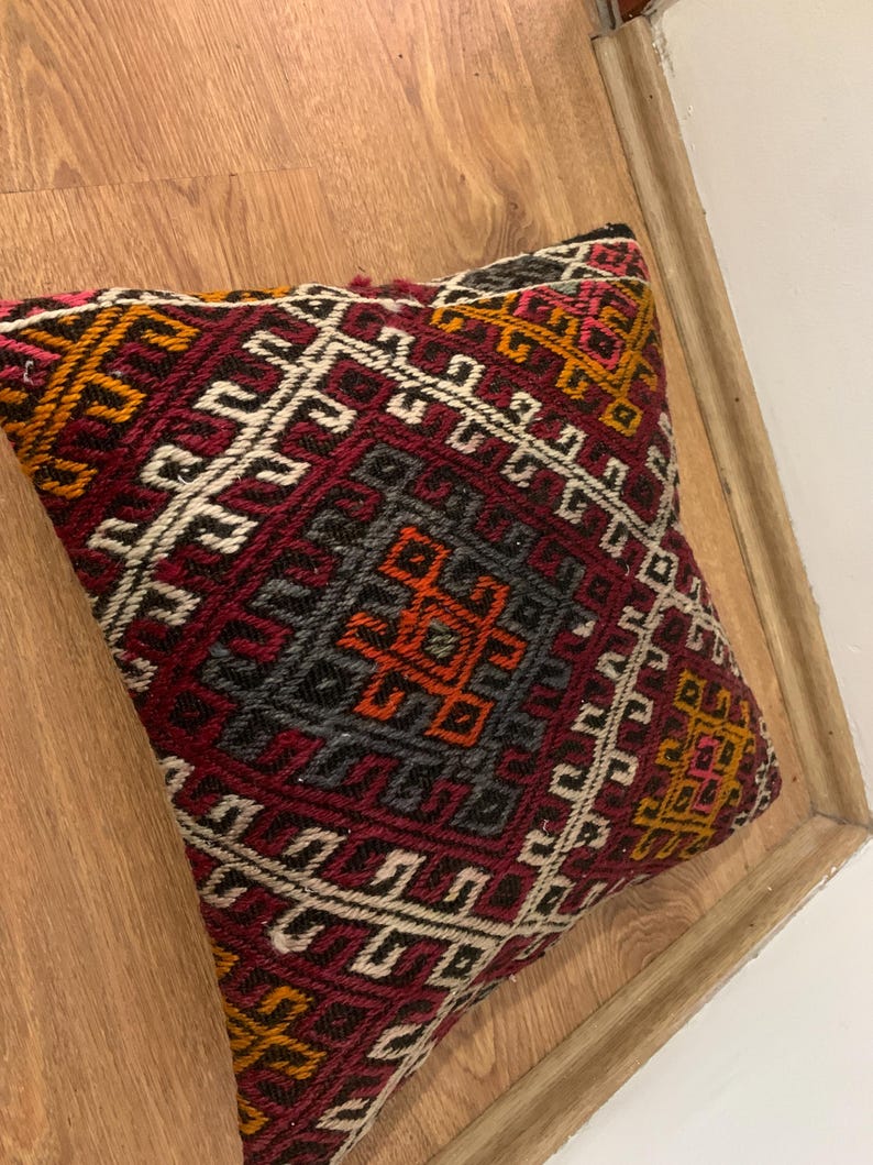 Red Kilim Pillow Cover 16x16 | Turkey Throw Pillowcase, Turkish Rug Cushion ⇻ Antique Pillows Sham, Bench Decor